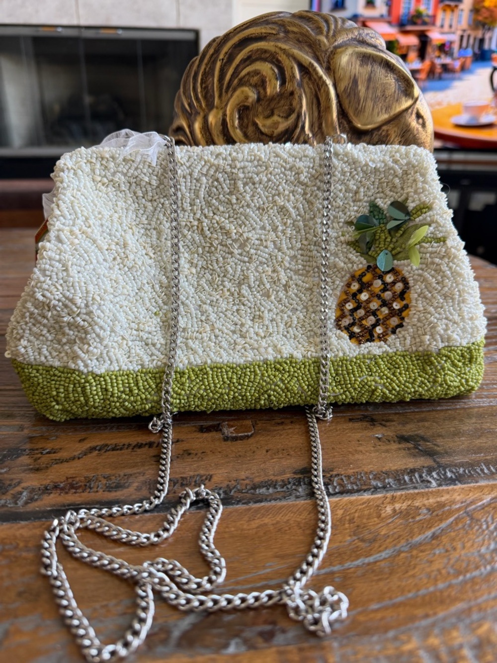 Beaded Pineapple Motif Clutch/Crossbody Bag - Green & White - Picture 6 of 15